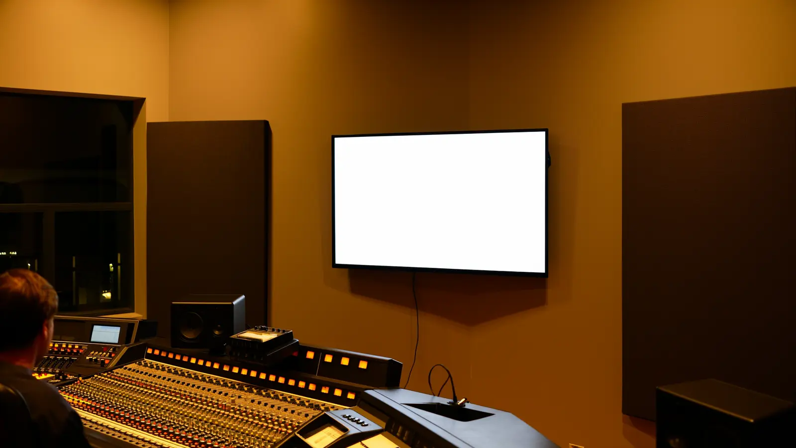 Regieraum eines Tonstudios, an der Wand über dem Mischpult hängt ein eingeschalteter Bildschirm